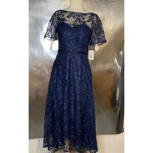 David's Bridal Lace High-Low Dress Navy Blue Embroidered Short Sleeves Sz 6